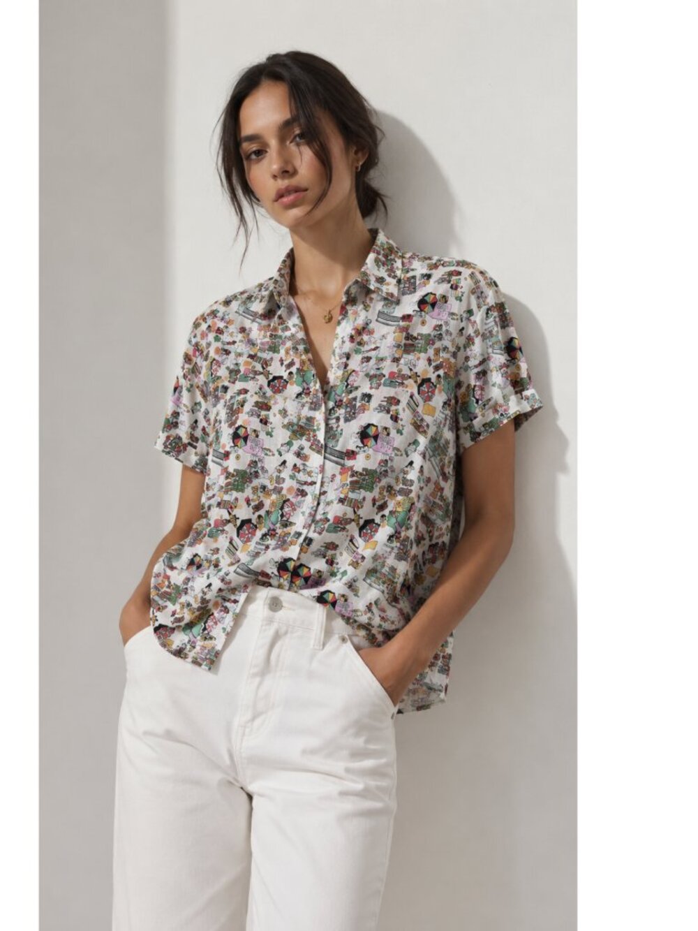 NICOLE MILLER Novelty Beach Scene Short Sleeve Linen Shirt Size L - Picture 7 of 7
